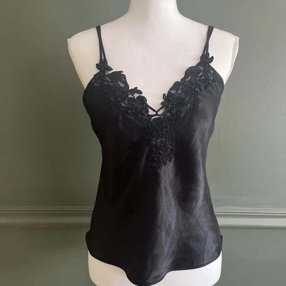 Vtg Expressions M Black Satin Beaded Lace Slip Top – Whimsigoth Fairycore Witchy
